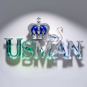 Usman logo with a crystal effect, featuring a gradient from emerald to aquamarine, royal blue crown, and glass swan – perfect for a name DP."