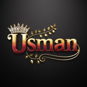 Elegant Usman Name DP in gold and red, highlighted by a diamond crown and golden leaves on a matte black backdrop