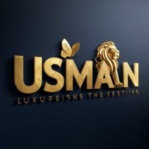 Elegant 3D lion and golden butterfly accenting the royal gold letters of 'Usman' on a navy backdrop."