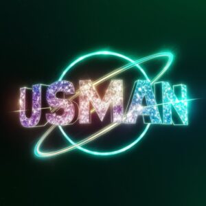 Mystical Usman Name DP featuring glowing orbit rings and cosmic colors on a neon green backdrop."