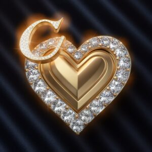 Opulent DP with a glowing C in a diamond-encrusted golden heart on a velvet background."