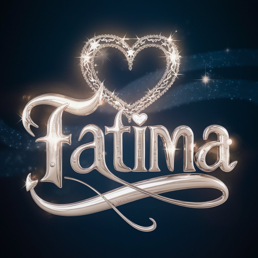 Celestial 3D 'Fatima' in platinum font, featuring sparkling hearts and a starry heart-shaped crown."