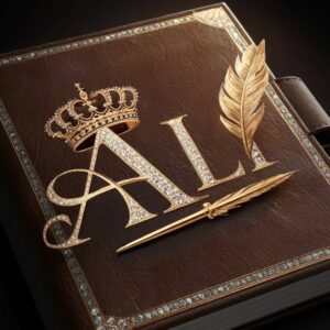 Ali name DP embossed on a rich leather notebook, crowned with gold and quill."