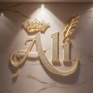 Ali name DP carved into a marble wall, adorned with a crown and quill, exuding grandeur."