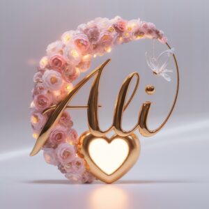 Radiant 3D logo for Ali, adorned with glowing pink and purple flowers, a golden crown, and a glass butterfly