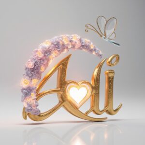 Elegant DP for Ali with letters resembling crystals and vibrant 3D flowers, highlighted by a warm heart and glass butterfly