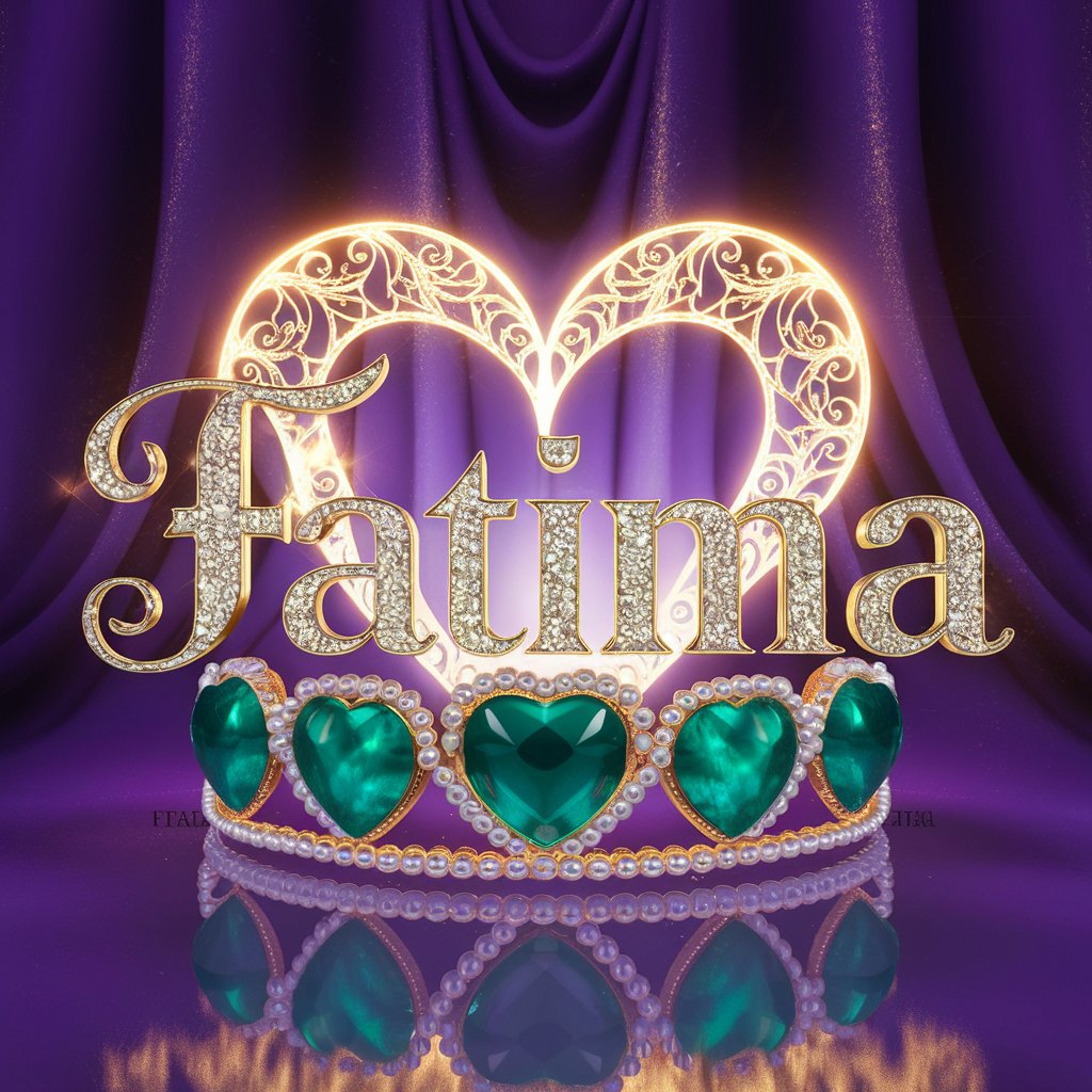 Regal 'Fatima' in gold font, framed by a majestic heart tiara and set against a royal purple background."