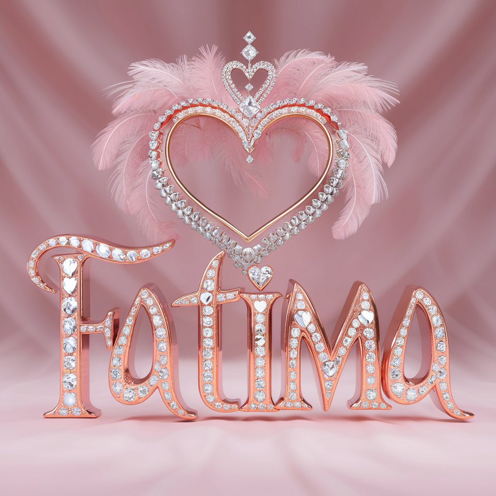 Elegant 3D 'Fatima' with rose gold lettering and glittering hearts, highlighted by a delicate heart crown."