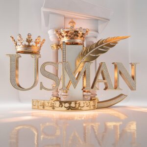 Usman Name DP: Luxurious gold font with regal crown and quill on a white background."