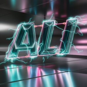 Dynamic Ali DP name with floating letters, neon beams, and a sleek metallic background."