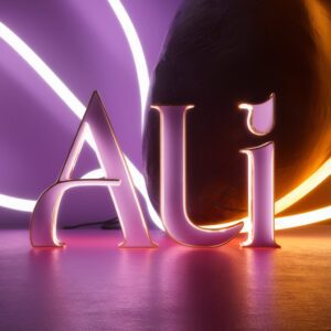 Ali DP name in sleek typography, glowing softly in neon lights, set against a textured dark background."