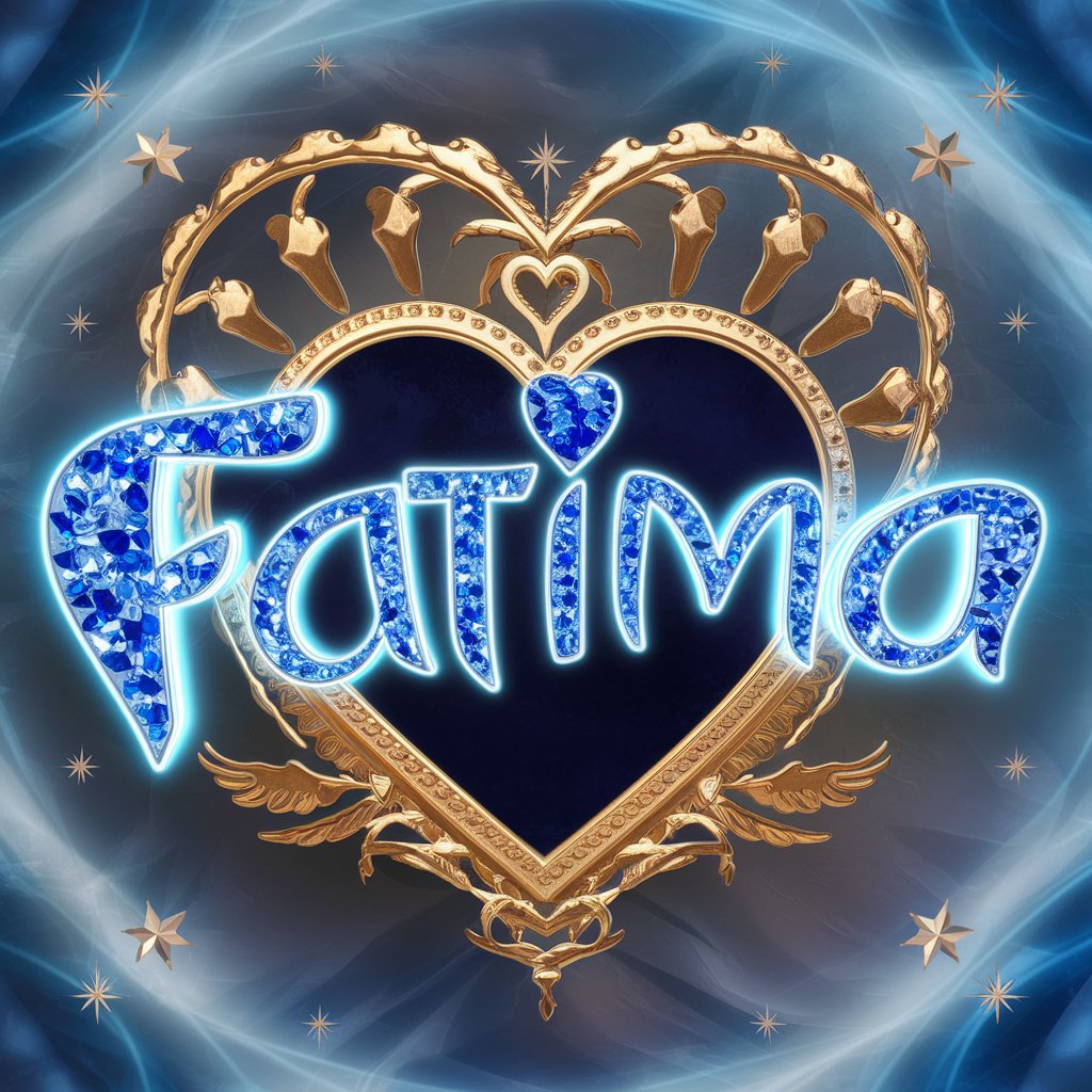 Captivating 3D "Fatima" in blue heart-shaped letters, adorned with sapphires and a golden crown, on a soft azure background.