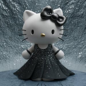 Elegant black Hello Kitty with starry effects in 3D, featuring a night sky backdrop wallpaper."