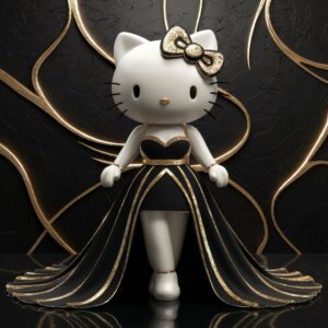 Elegant black Hello Kitty with shimmering gold accents, 3D wallpaper featuring a textured black finish with gold details."