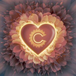 Glowing 'C' at the center of a heart with golden floral patterns for a stunning name DP."