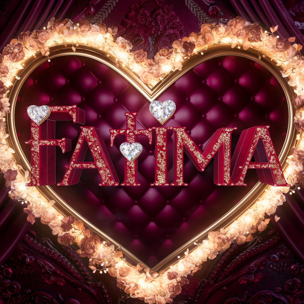 Romantic 3D 'Fatima' design in red velvet font, framed by a heart-shaped crown with gold and crystal hearts."