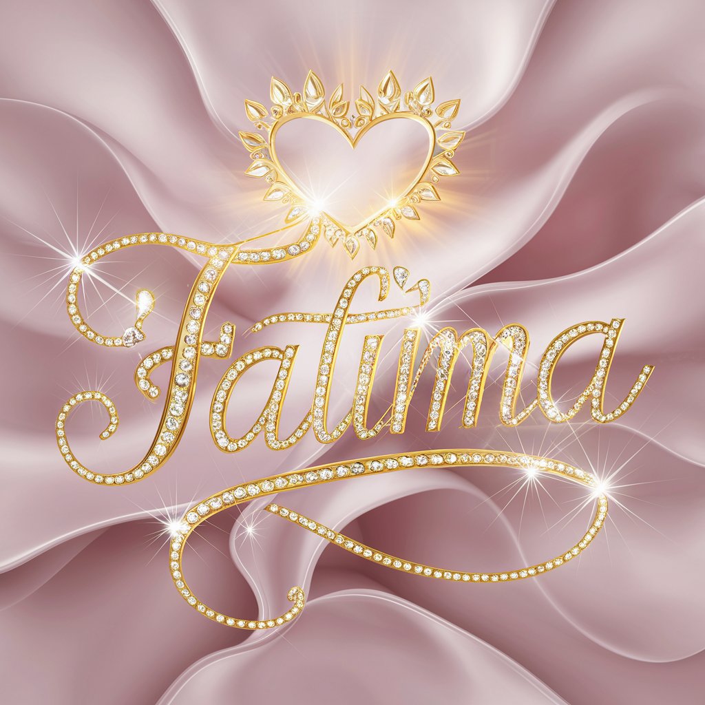 Elegant 3D 'Fatima' in gold, adorned with heart gems and gentle lighting against a pink backdrop."