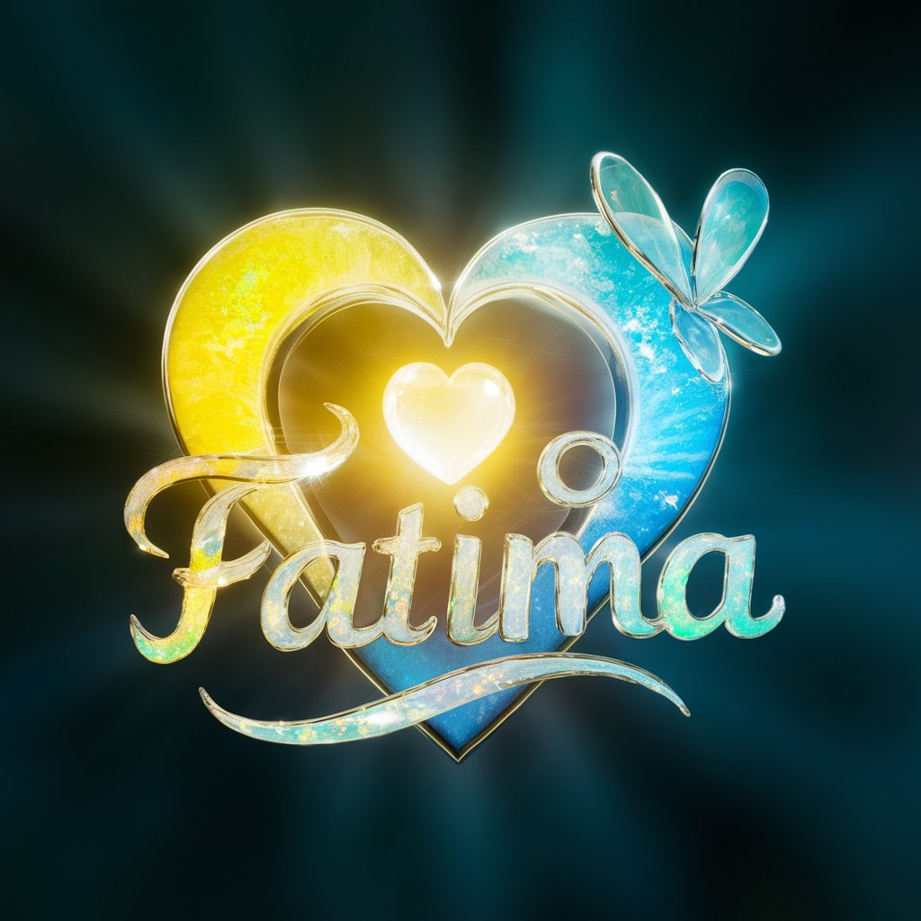 3D 'Fatima' design featuring an aqua gradient and enchanting elements, with a glowing heart and butterfly."