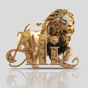 The name "Ali" in opulent golden letters with a detailed 3D lion, symbolizing power and regality, all set against a pristine white background.