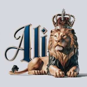 Ali" rendered in a sleek, metallic font with a stylized, tech-inspired 3D lion, illuminated by cool, modern lighting on a white canvas.