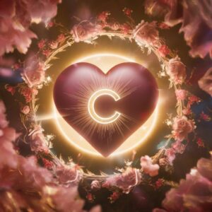 Golden-lit heart with a centered 'C' and floral accents, creating a charming name DP."