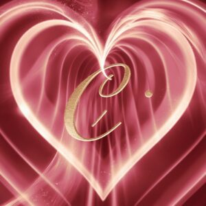 Gold-scripted 'C' in the upper curve of a pink heart, glowing softly for a delicate name DP."