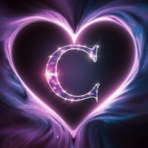 Elegant name DP with a heart featuring a 'C' in the glowing outline, surrounded by galaxy swirls."