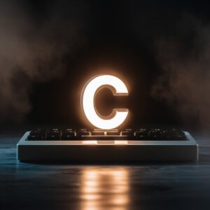 Radiant 'C' key on a golden keyboard in a high-tech workspace