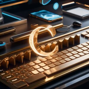 Golden keyboard with glowing 'C' key on a sleek black desk