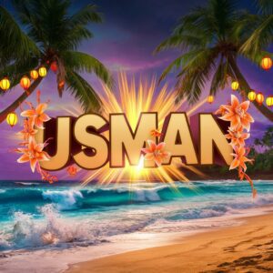 Tropical beach scene with "Usman" in eye-catching 3D, framed by festive lanterns and palm trees