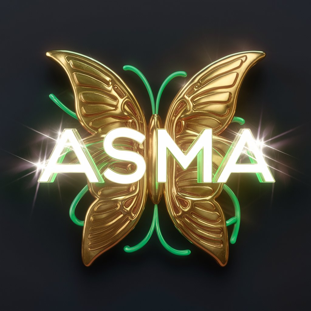 Asma" logo with golden butterflies and neon green lights, shining brightly on a dark wallpaper.