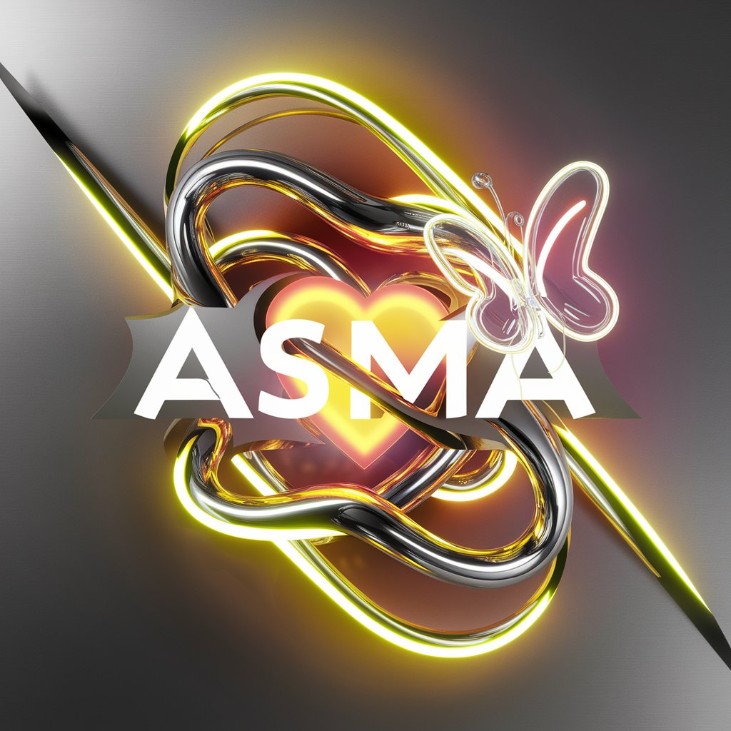 "3D Asma logo with dazzling golden twitty accents and dynamic neon lights, featuring a radiant heart and glass butterfly."