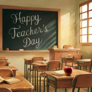 Nostalgic chalkboard scene with neat 'Happy Teacher's Day' handwriting and classic classroom elements