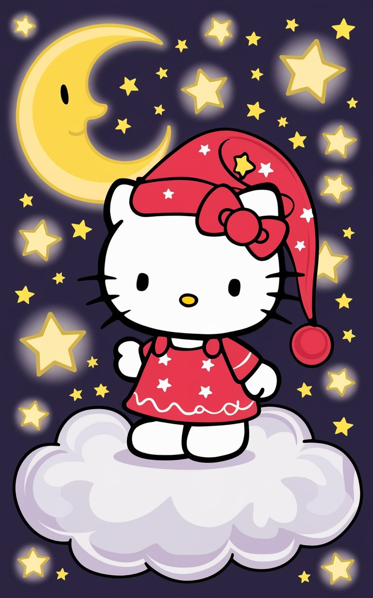 Enchanting Hello Kitty under a starry sky with a crescent moon, wallpaper."