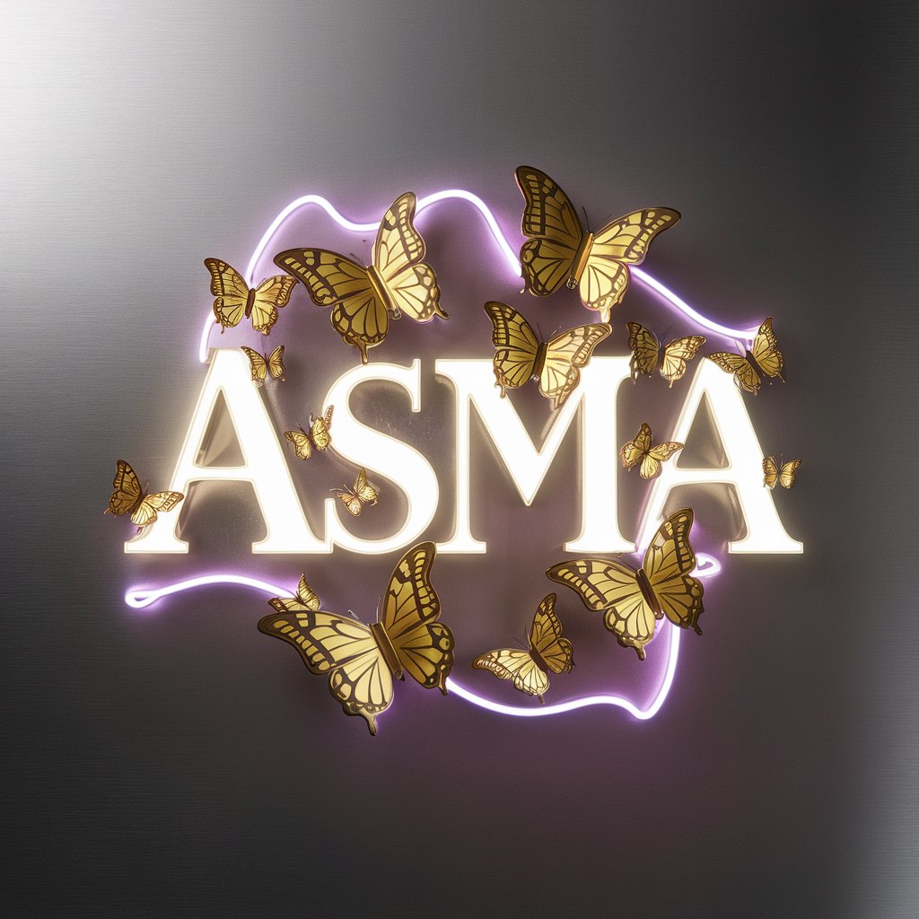 Elegant "Asma" logo with neon purple highlights and golden butterflies, set against a silver wallpaper.