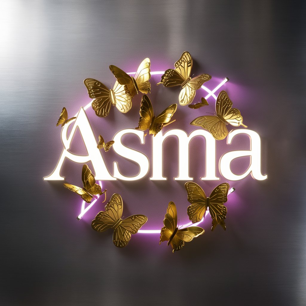 Asma" logo adorned with golden butterflies and neon purple lights, glowing softly on a silver wallpaper.