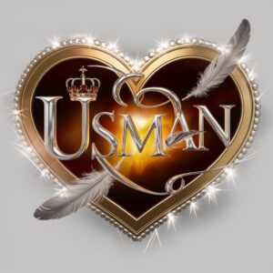 Usman" in gold and silver, framed by a heart shape, featuring a royal crown and feather, with warm silver lighting.