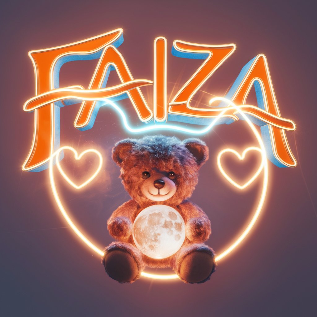 Magical Faiza logo with neon lights and a teddy bear with a glowing moon."