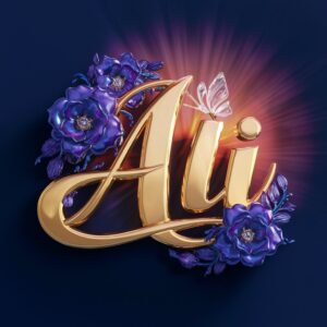 Charming 3D logo for Ali, featuring gold letters, delicate pastel flowers, and a radiant heart with a glass butterfly