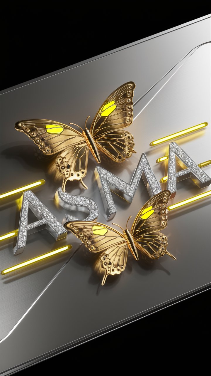 Luxurious "Asma" logo with golden butterflies and neon accents, beautifully highlighted on a silver wallpaper.