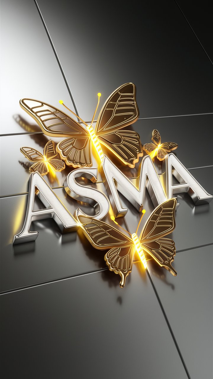 Asma" logo with golden butterflies and neon yellow highlights, glowing against a sleek silver wallpaper.