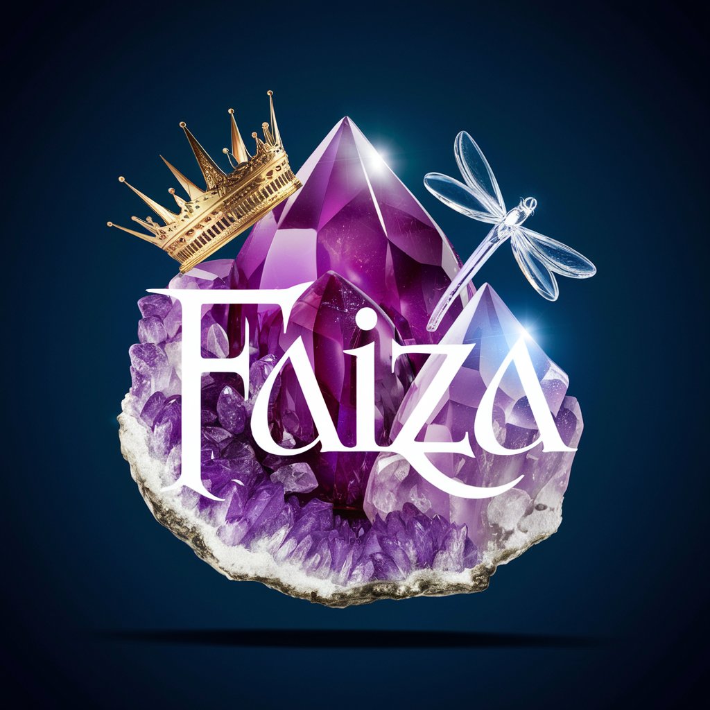 Amethyst-inspired "Faiza" logo with gradient purple hues, gold crown, and a glass dragonfly, set on a dark blue background.