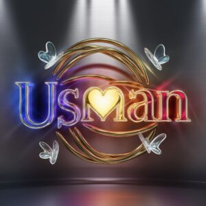 Whimsical Usman Name DP with golden twitty accents, neon lights, and glass butterflies in a 3D style."