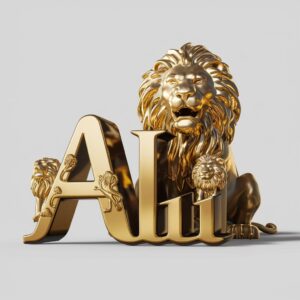 The name "Ali" in a sophisticated gold font, accompanied by a majestic lion figure, glowing under warm golden light on a pure white backdrop.