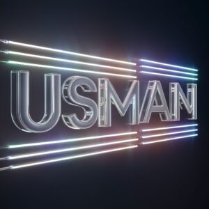 Sleek Usman Name DP in a metallic finish, illuminated by vibrant multicolored neon lights.