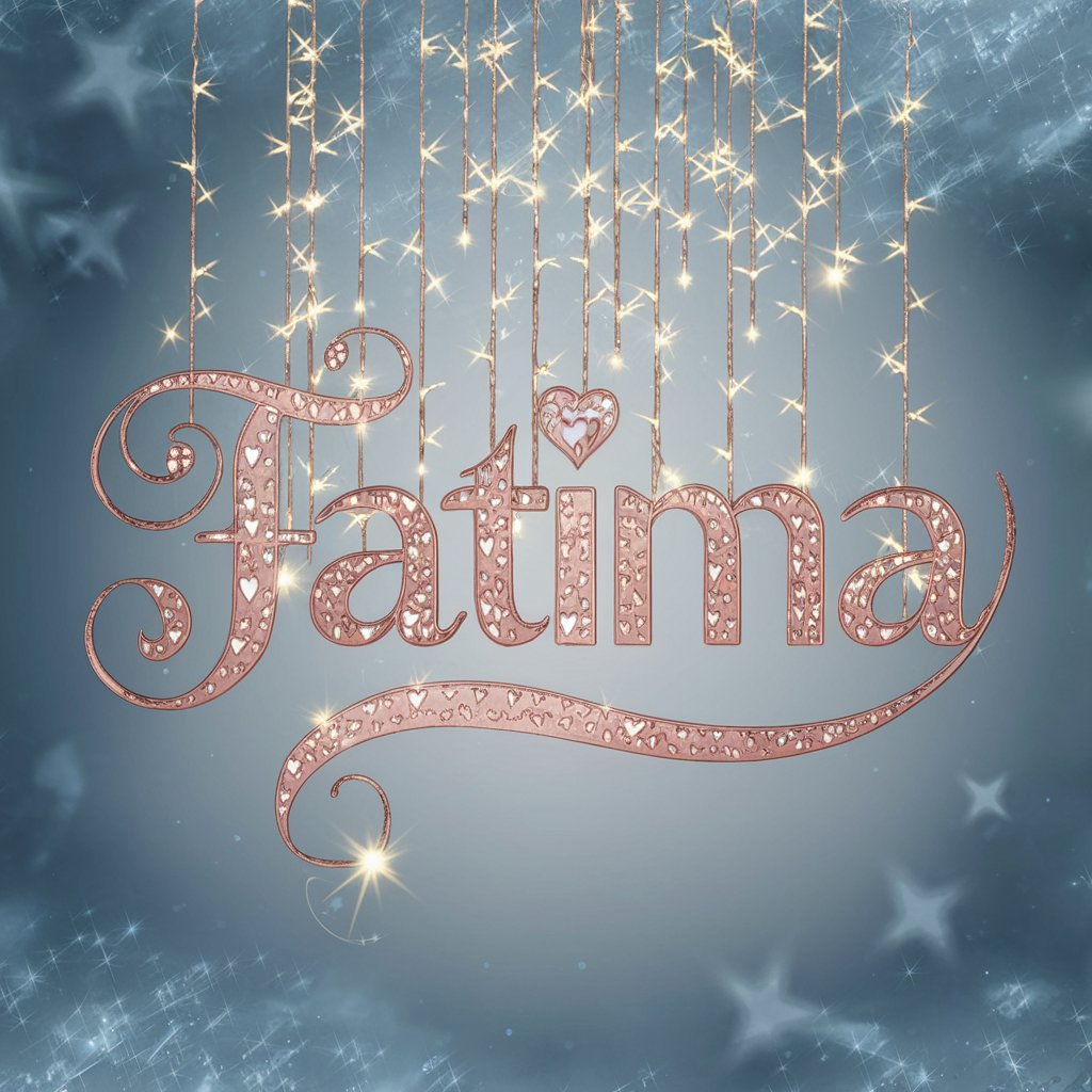 Enchanting 'Fatima' in rose gold, surrounded by sparkling hearts and soft blue lights, perfect for luxury art."