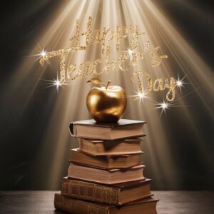 Luxurious golden apple atop classic books with 'Happy Teacher's Day' in shimmering gold script