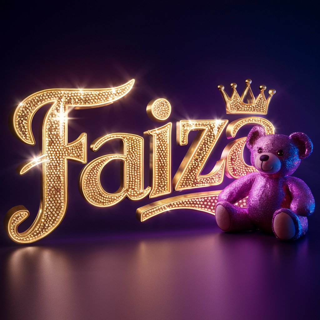 Elegant Faiza logo with neon illumination and a regal teddy bear."