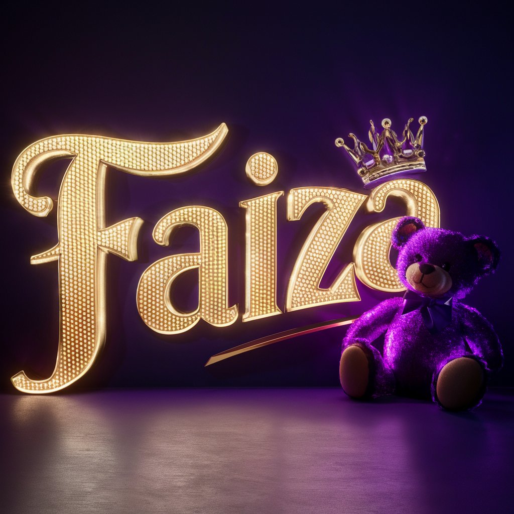 Glamorous Faiza logo with glowing gold text and a teddy bear wearing a crown."