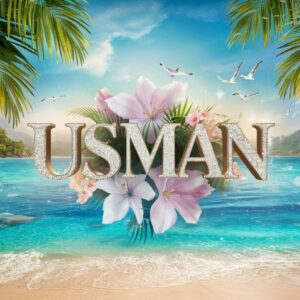 Elegant 3D "Usman" surrounded by pastel-colored flowers on a calm tropical beach with a serene sea.